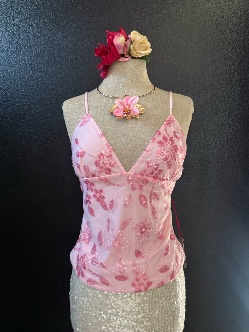 Pink Sequin Floral Spaghetti Strap Tank Top